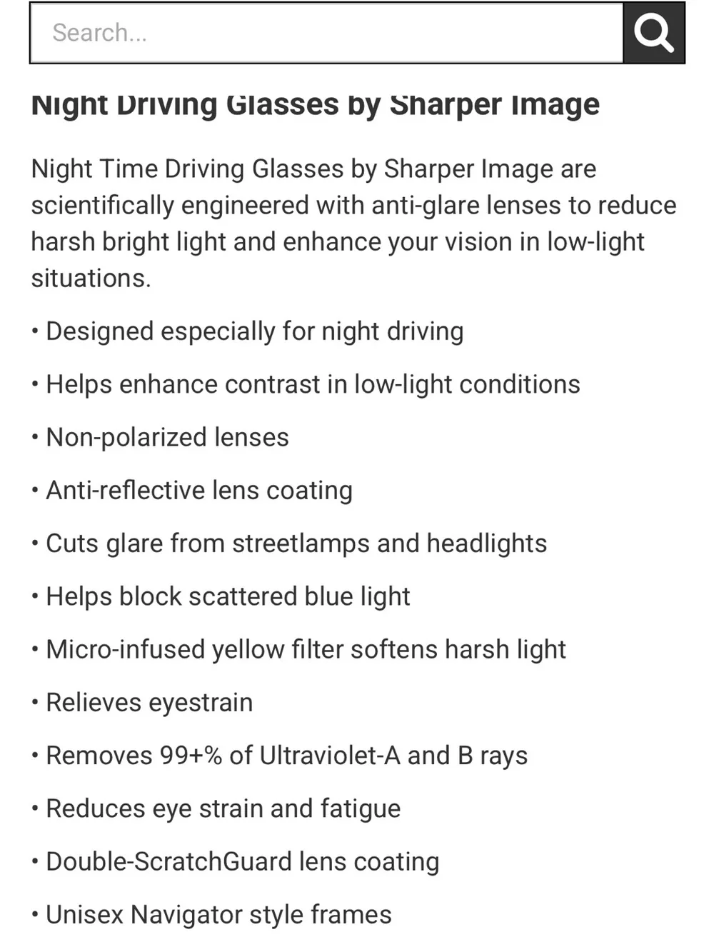 Sharper Image Yellow-Tinted Night Driving Glasses